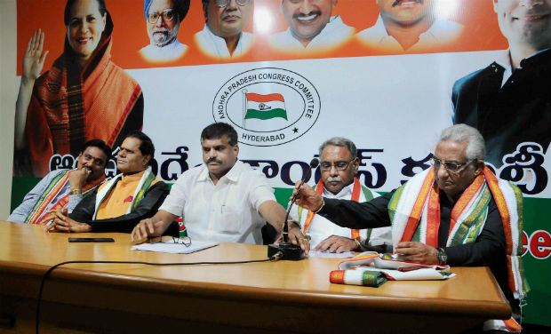 APCC president Botsa Satyanarayana with newly elected Rajya Sabha members T. Subbarami Reddy, K.V.P. Ramchander Rao and M.A. Khan addressing the media at Gandhi Bhavan in Hyderabad on Saturday - PTI APCC president Botsa Satyanarayana with newly elected Rajya Sabha members T. Subbarami Reddy, K.V.P. Ramchander Rao and M.A. Khan addressing the media at Gandhi Bhavan in Hyderabad on Saturday - PTI